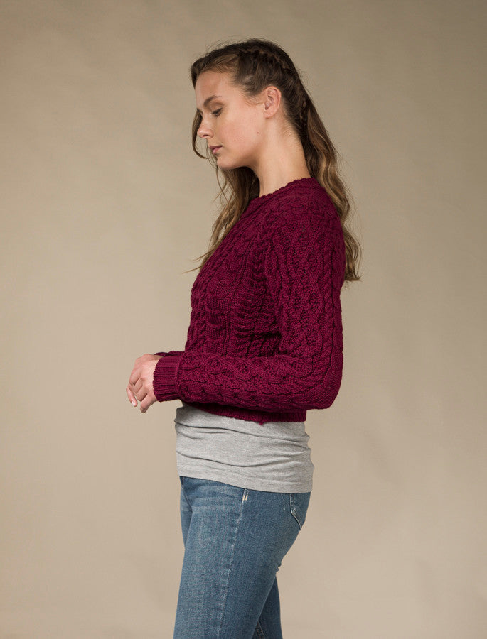 Ladies Cropped Aran Sweater – Claret 