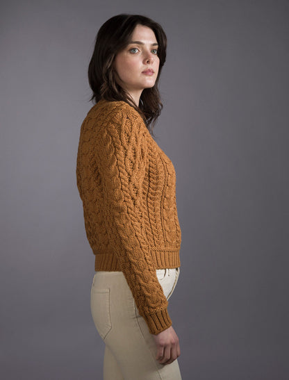 Ladies Cropped Aran Sweater - Golden Ochre 
