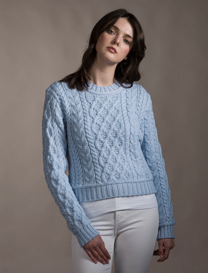 Ladies Cropped Aran Sweater - Ice Blue 