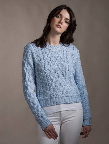 Ladies Cropped Aran Sweater - Ice Blue 