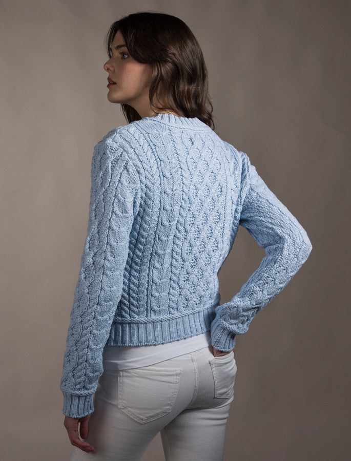 Ladies Cropped Aran Sweater - Ice Blue 