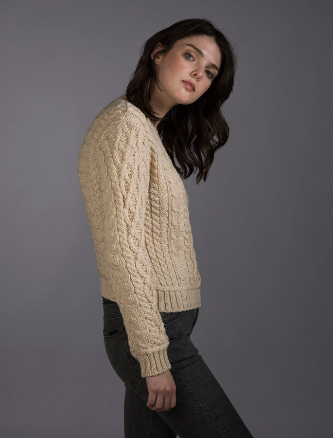 Ladies Cropped Aran Sweater - Oatmeal 