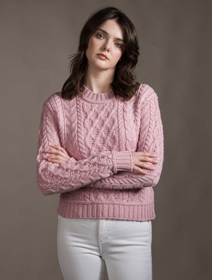 Ladies Cropped Aran Sweater - Pale Pink 