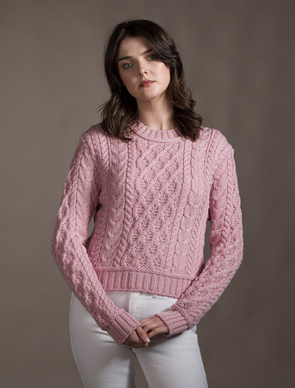 Ladies Cropped Aran Sweater - Pale Pink 