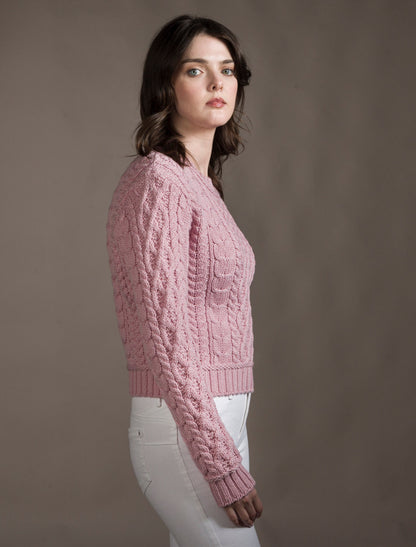 Ladies Cropped Aran Sweater - Pale Pink 