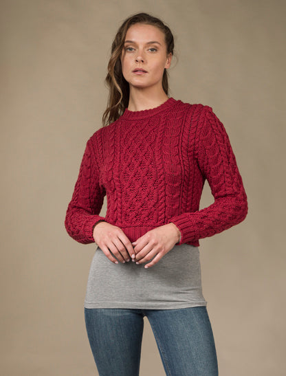Ladies Cropped Aran Sweater - Red 