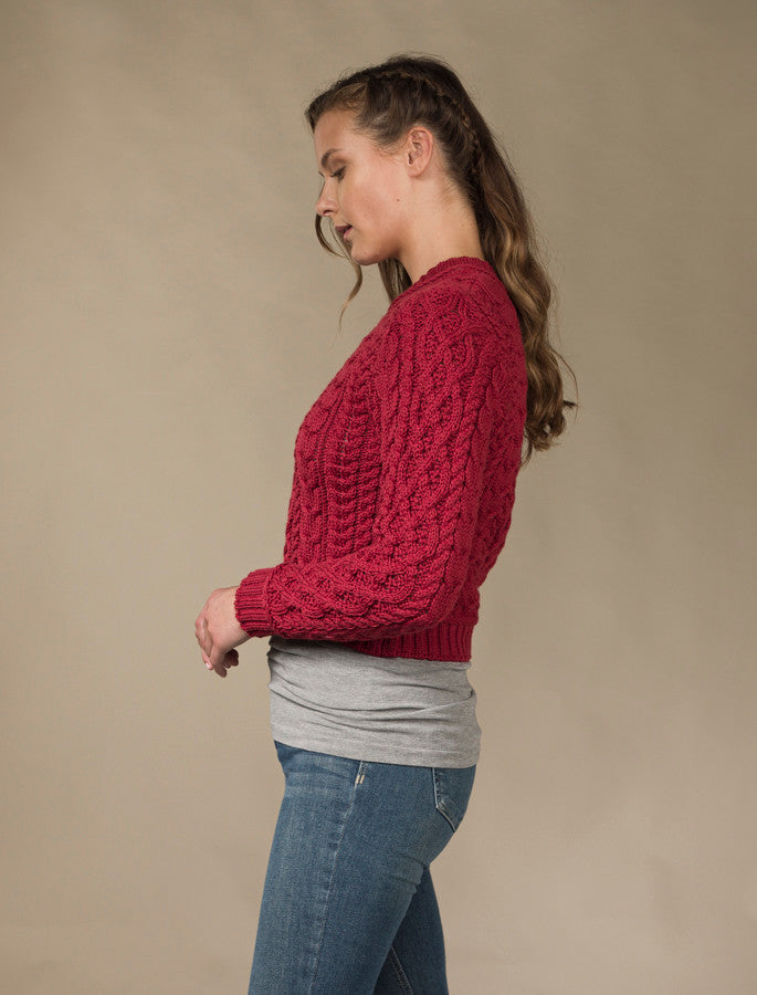 Ladies Cropped Aran Sweater - Red 