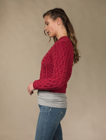Ladies Cropped Aran Sweater - Red 