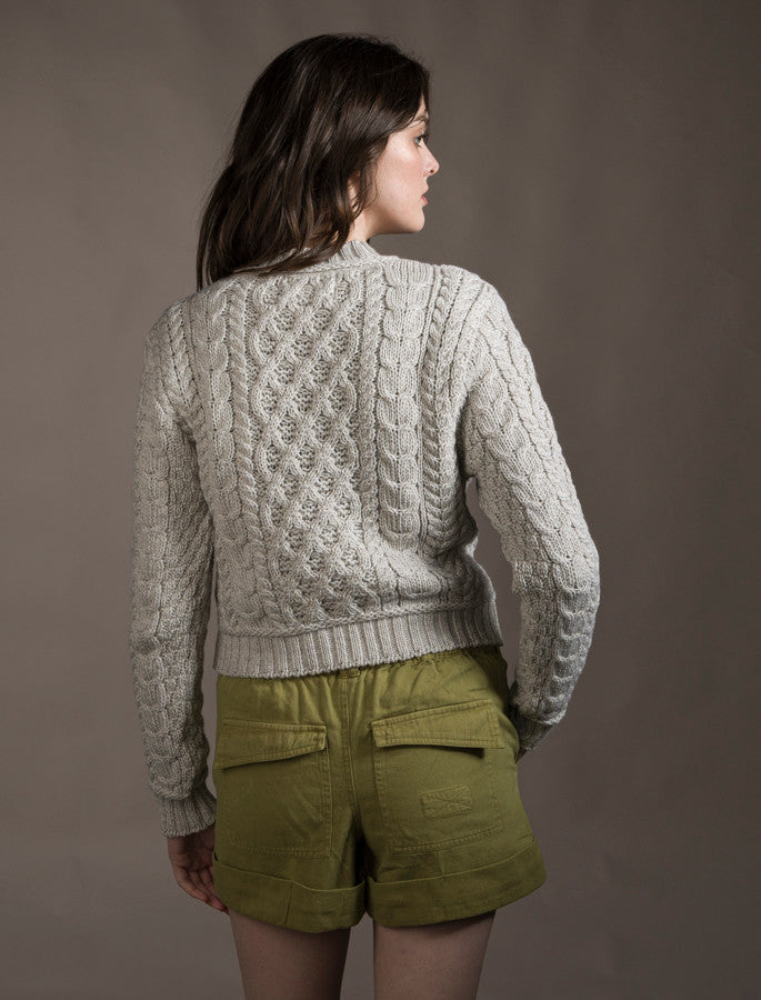 Ladies Cropped Aran Sweater - Silver Marl 
