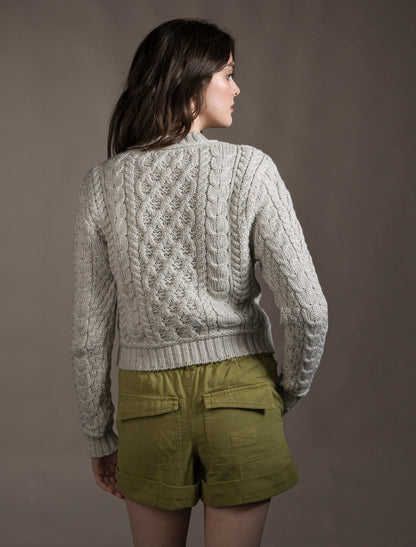 Ladies Cropped Aran Sweater - Silver Marl 
