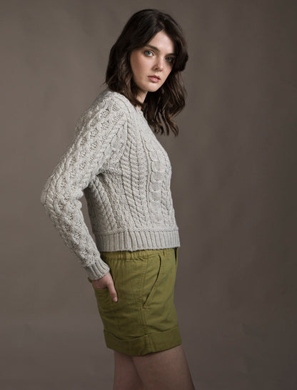 Ladies Cropped Aran Sweater - Silver Marl 