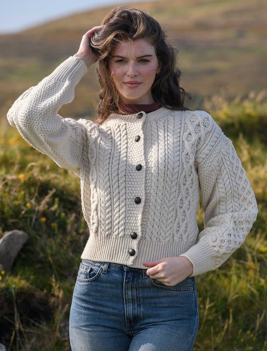 Cropped Wool Aran Cardigan - Natural White 