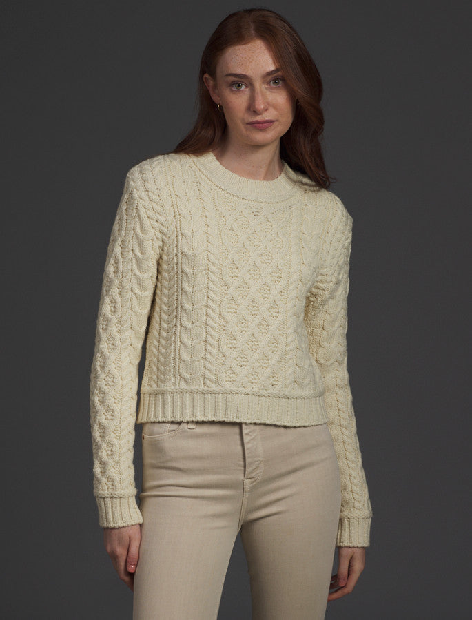 Ladies Cropped Aran Sweater - Natural White 