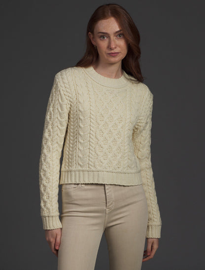 Ladies Cropped Aran Sweater - Natural White 