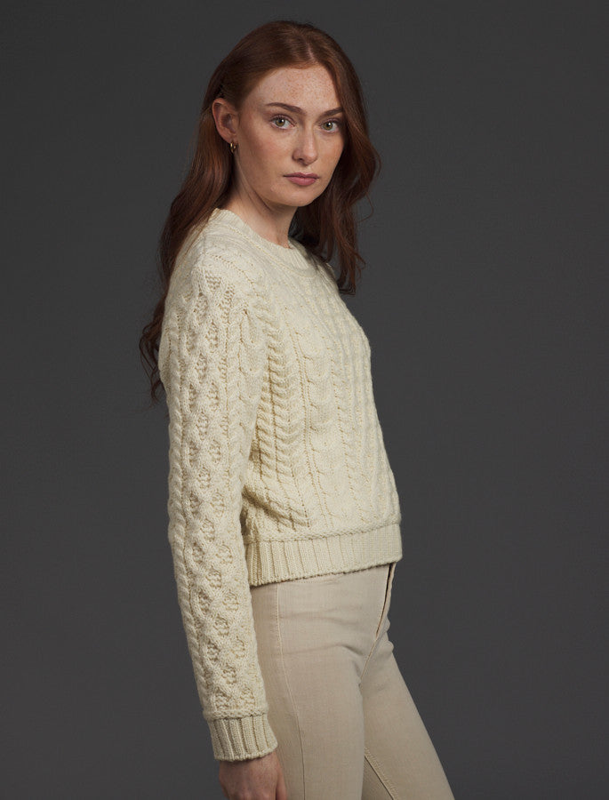 Ladies Cropped Aran Sweater - Natural White 