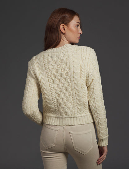 Ladies Cropped Aran Sweater - Natural White 