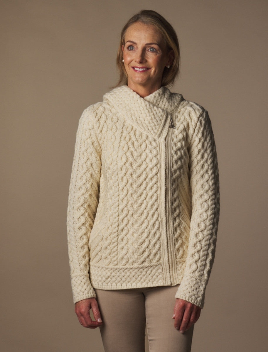 Aran Cable Knit Hoodie With Celtic Side Zip - Natural White 