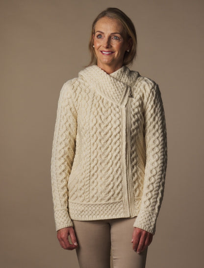 Aran Cable Knit Hoodie With Celtic Side Zip - Natural White 
