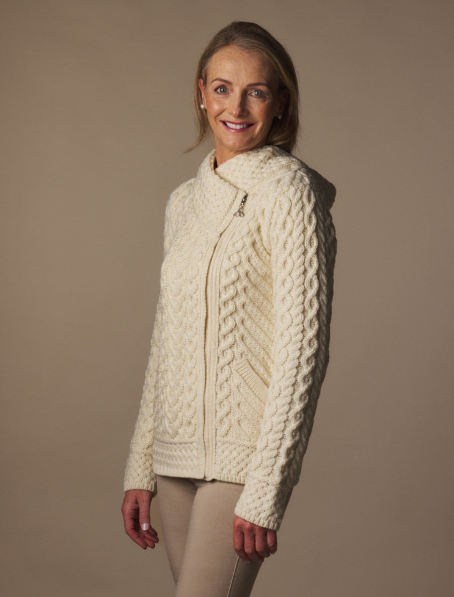 Aran Cable Knit Hoodie With Celtic Side Zip - Natural White 