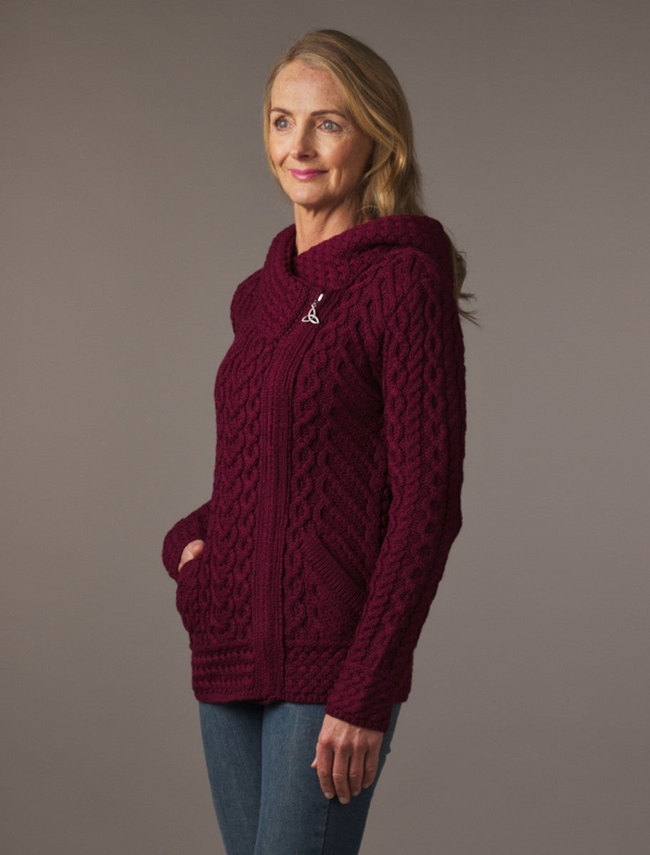 Aran Cable Knit Hoodie With Celtic Side Zip - Wine 