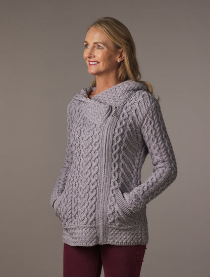 Aran Cable Knit Hoodie With Celtic Side Zip - Soft Grey 