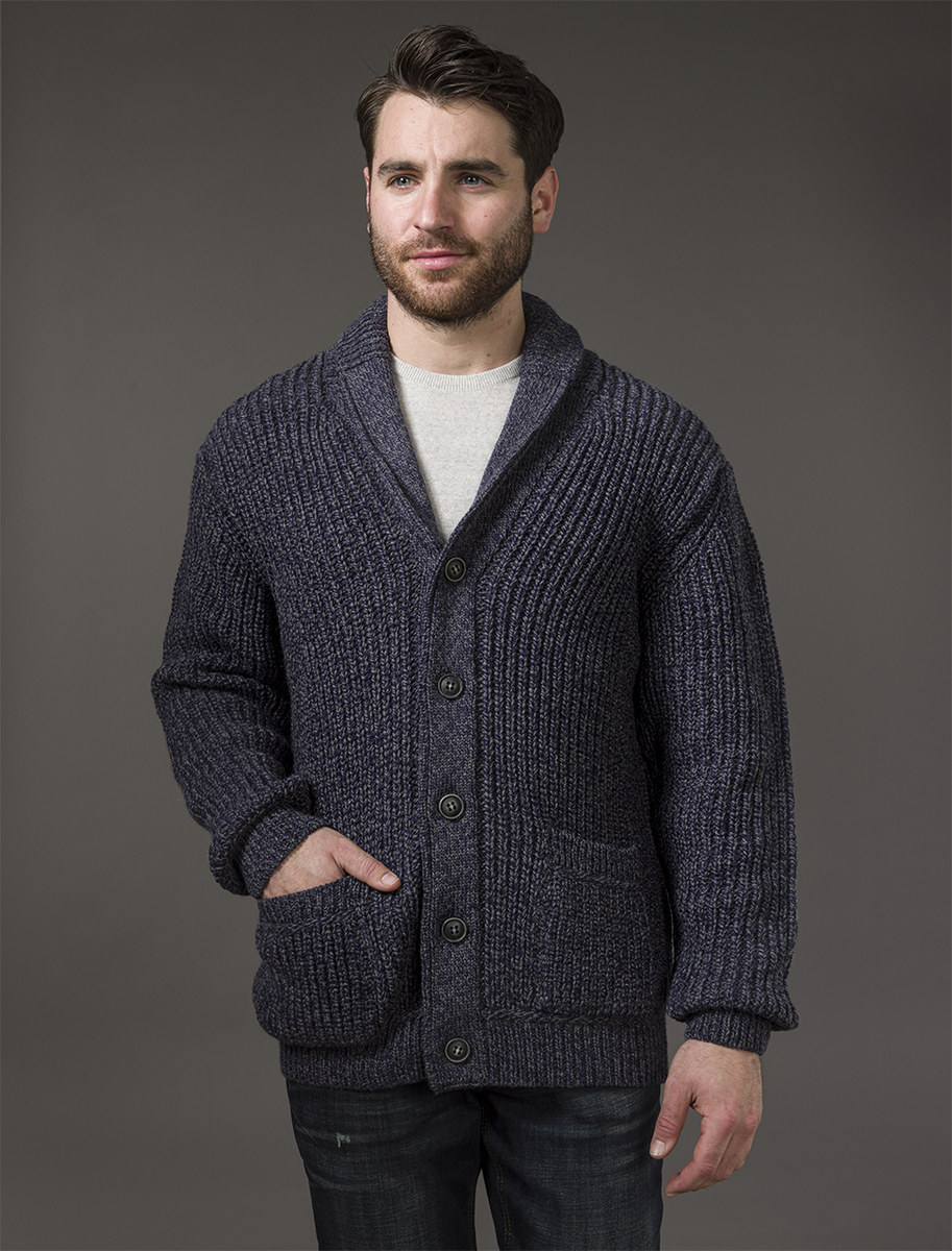 Merino Wool Ribbed Shawl Neck Cardigan - Charcoal 