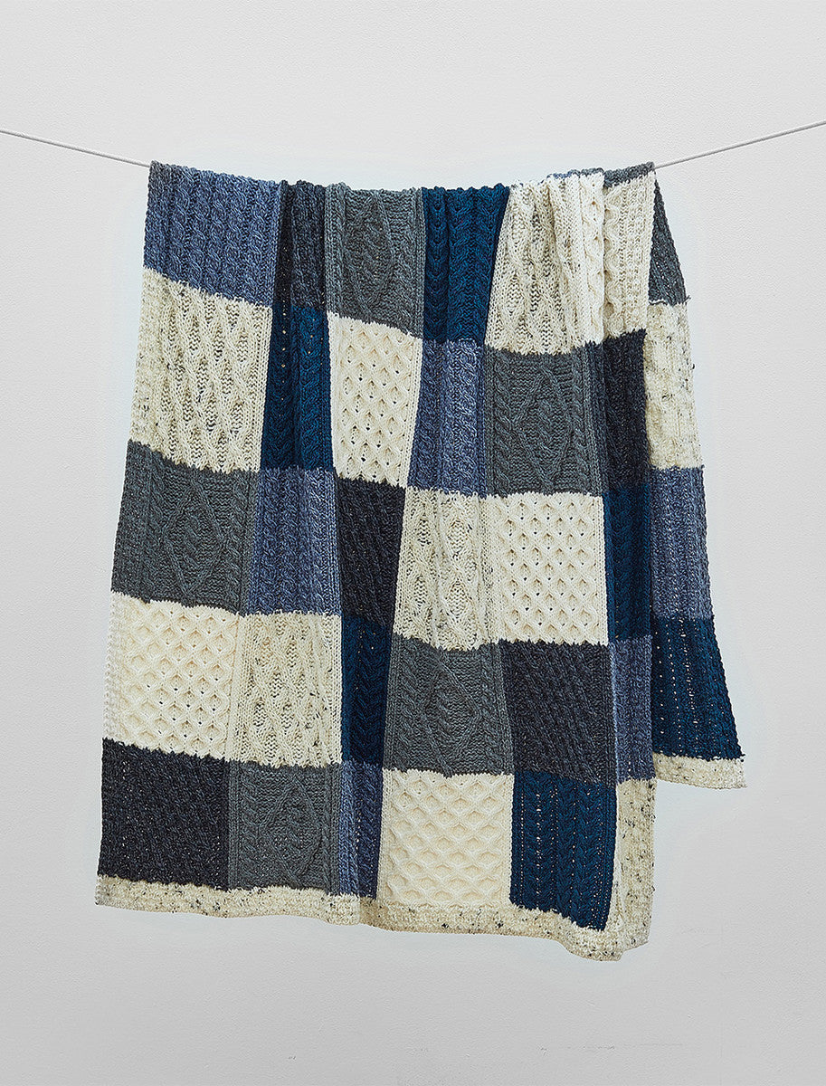 Multi-Tone Aran Patchwork Throw - Navy, Berry &amp; Denim 