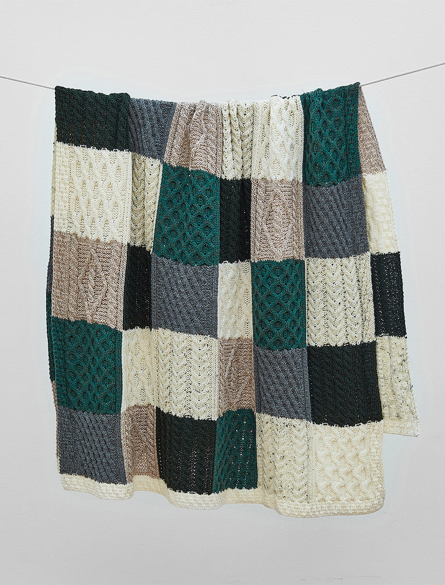 Multi-Tone Aran Patchwork Throw - White, Grey &amp; Green 