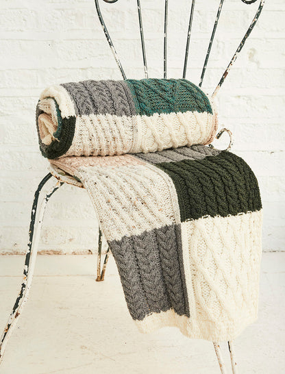 Multi-Tone Aran Patchwork Throw - White, Grey &amp; Green 