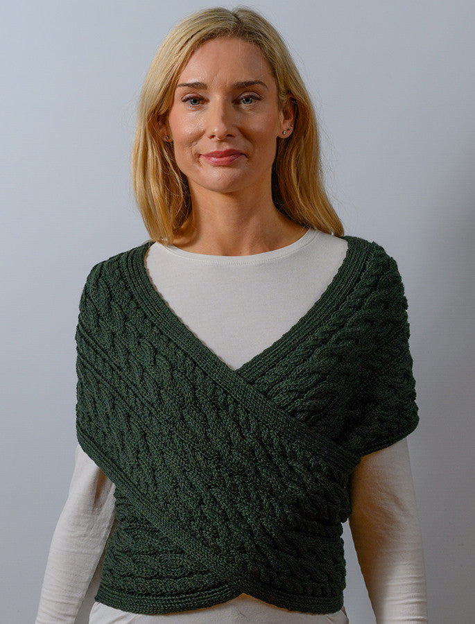 Merino Aran Cable Crossover Wrap with Buttons - Army Green 