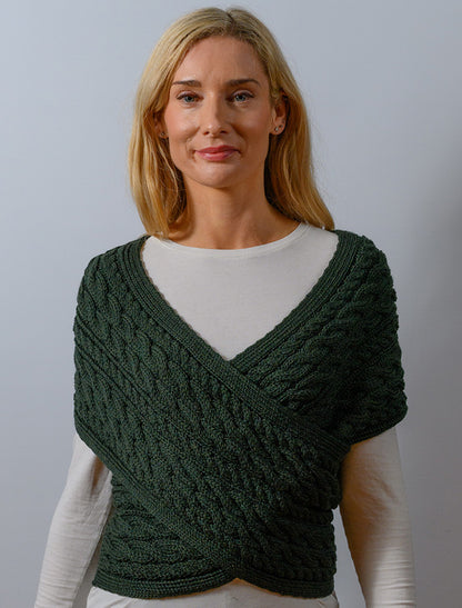 Merino Aran Cable Crossover Wrap with Buttons - Army Green 