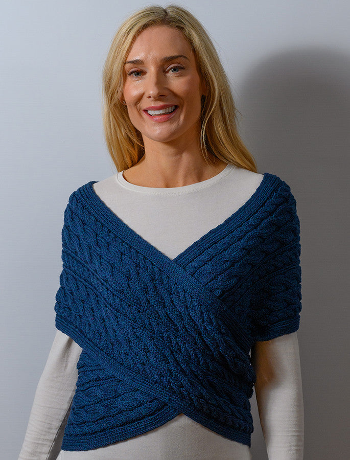 Merino Aran Cable Crossover Wrap with Buttons - Atlantic 