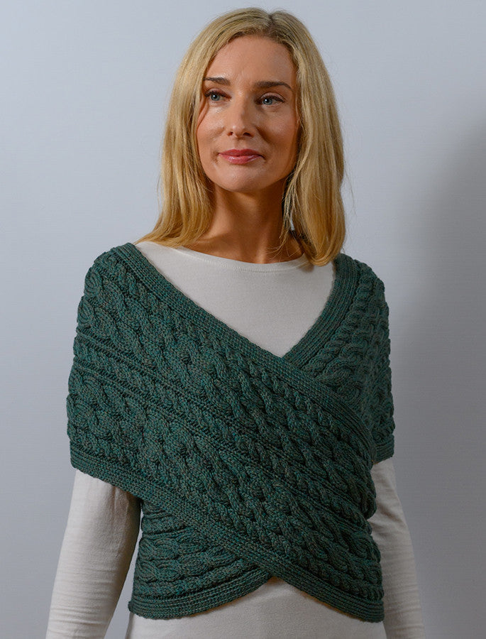 Merino Aran Cable Crossover Wrap with Buttons - Connemara Green 