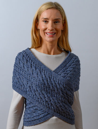 Merino Aran Cable Crossover Wrap with Buttons - Denim 
