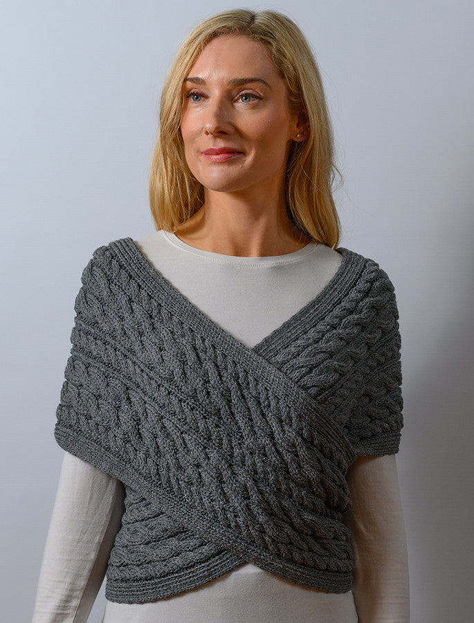 Merino Aran Cable Crossover Wrap with Buttons - Grey 