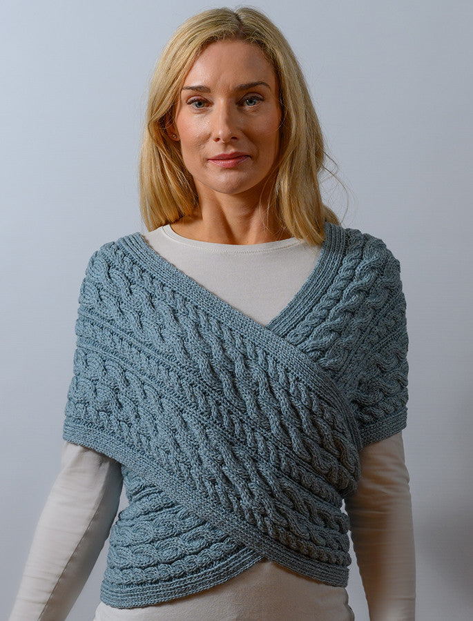 Merino Aran Cable Crossover Wrap with Buttons - Misty Marl 