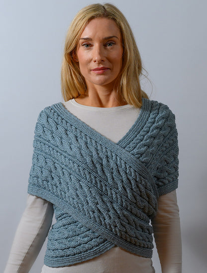 Merino Aran Cable Crossover Wrap with Buttons - Misty Marl 