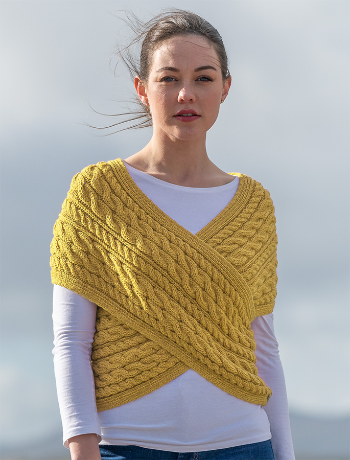 Merino Aran Cable Crossover Wrap with Buttons - Sunflower Yellow 