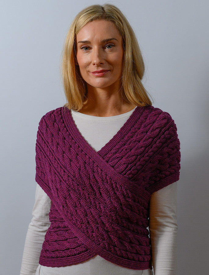 Merino Aran Cable Crossover Wrap with Buttons - Very Berry 