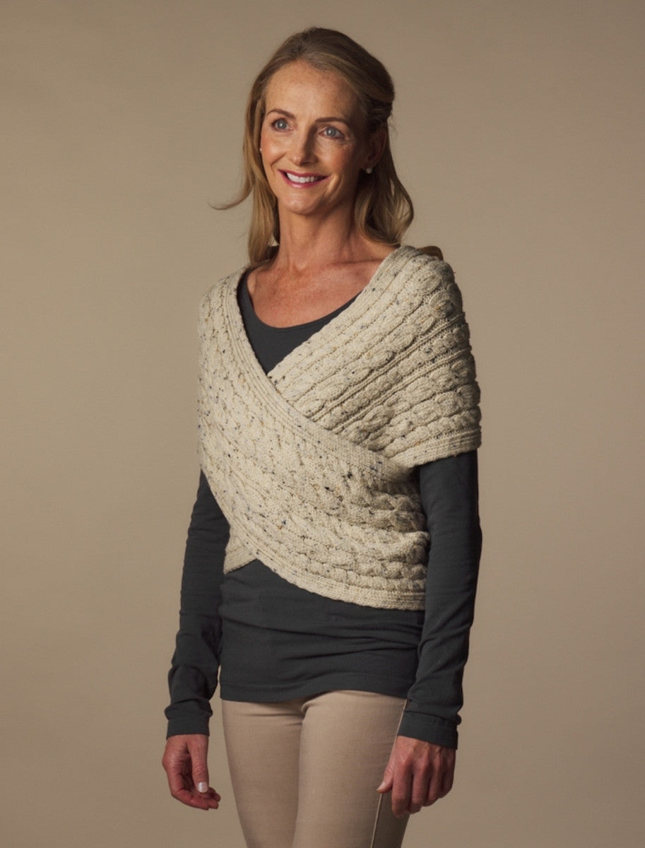 Merino Aran Cable Crossover Wrap with Buttons - Aran Nep 
