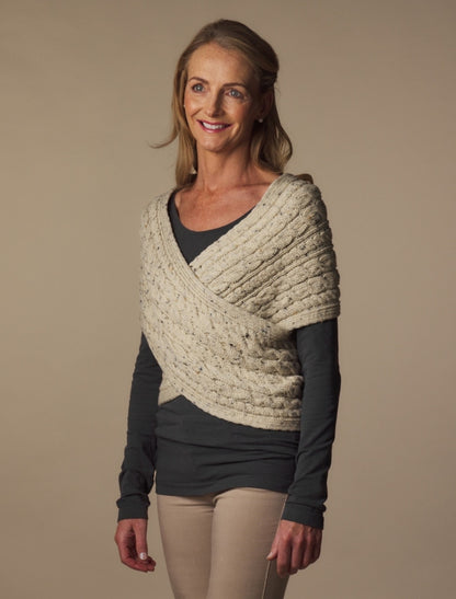 Merino Aran Cable Crossover Wrap with Buttons - Aran Nep 
