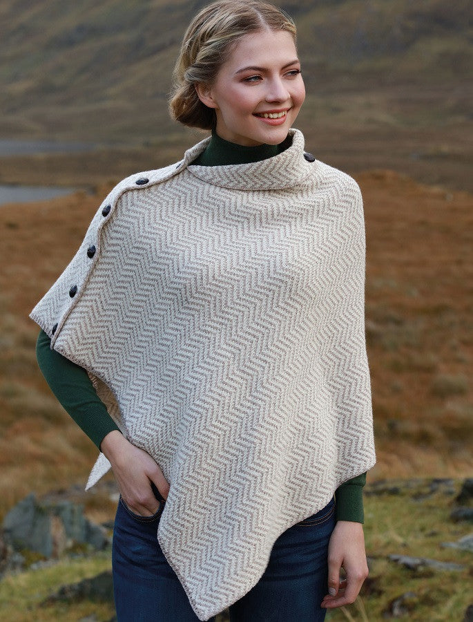 Herringbone Merino Poncho with Button Detail - White/Wicker 