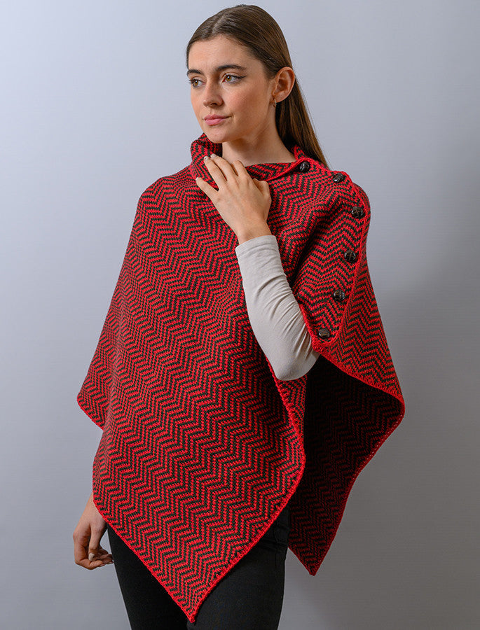 Herringbone Merino Poncho with Button Detail - Chillipepper/Army Green 