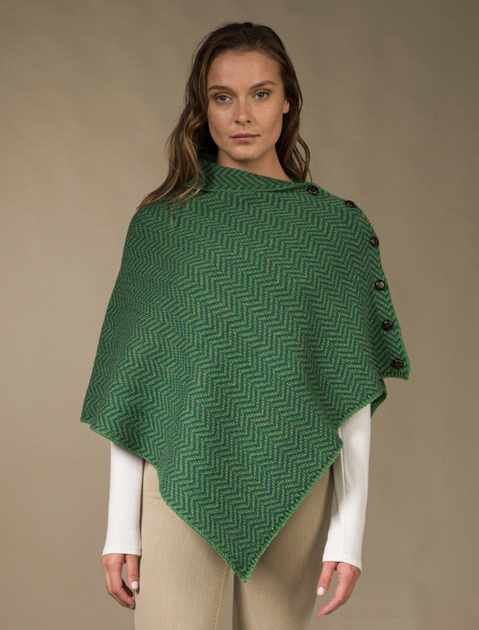 Herringbone Merino Poncho with Button Detail - Connemara/Kiwi 