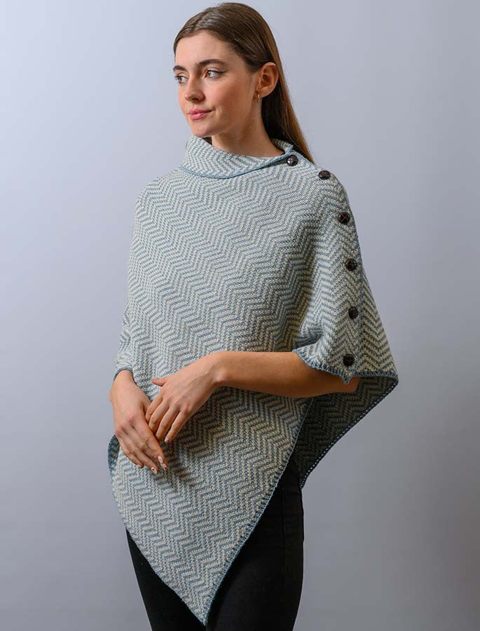 Herringbone Merino Poncho with Button Detail - Misty Marl/White 