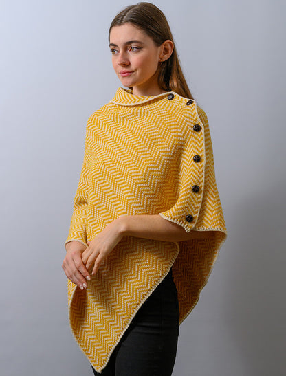 Herringbone Merino Poncho with Button Detail - Sunflower Yellow/White 