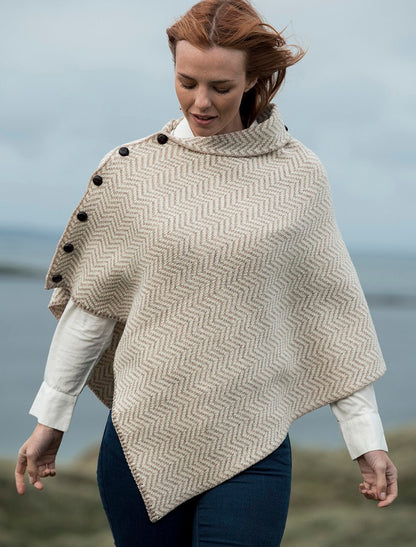 Herringbone Merino Poncho with Button Detail - White/Wicker 