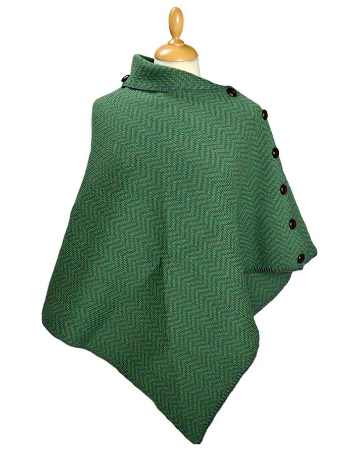 Herringbone Merino Poncho with Button Detail - Connemara Green/ Army Green 