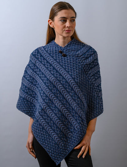 Plaited Aran Poncho with Button Detail - Denim Atlantic 