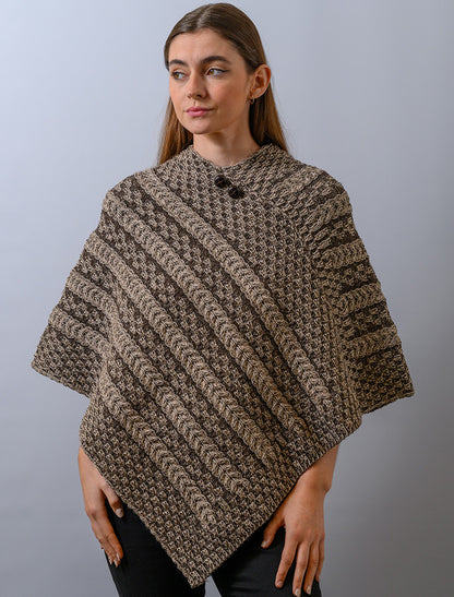 Plaited Aran Poncho with Button Detail - Wicker Brown 